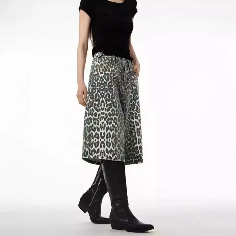 New European American Models Leopard Pants High Waist Pockets Wide Leg Quarter Shorts Casual Versatile Summer Trousers 2024