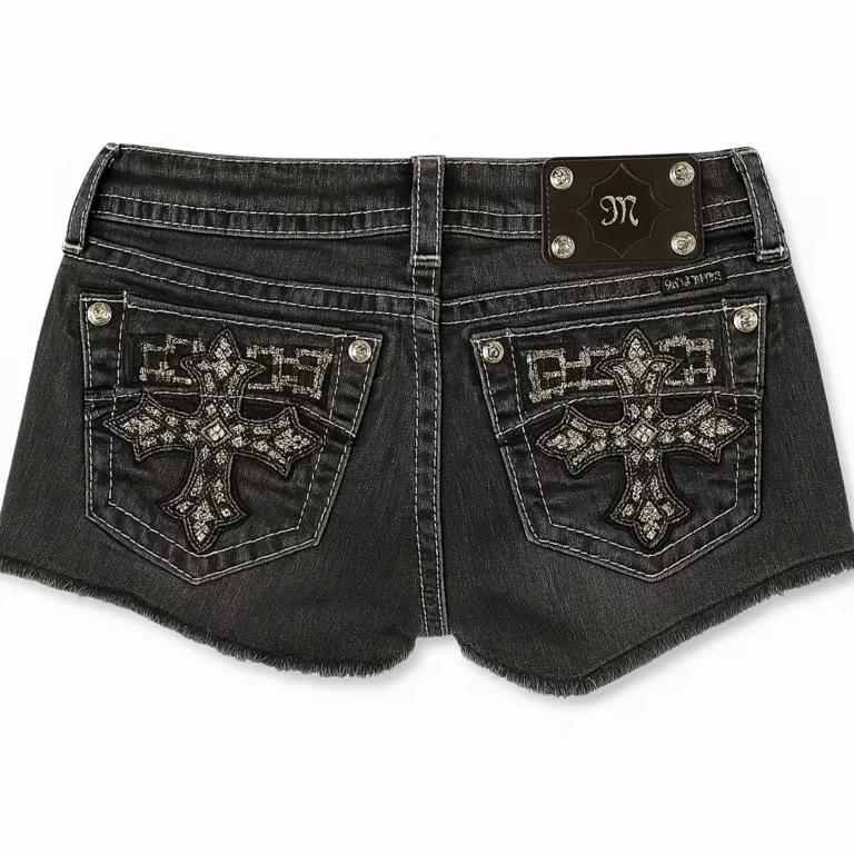 Women Stylish Black Denim Shorts with Embellished Cross Stitch Design Rhinestone Accents Frayed Hem Perfect Casual Summer Outing