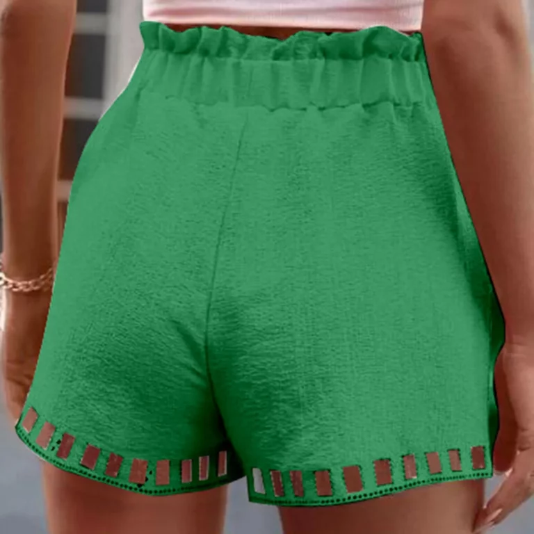 Cotton Linen Shorts Women'S Pants Solid Color Thin Hollow Out Design Trim Pocket Tight Waist Shorts Beachwear White Clothes - Image 2
