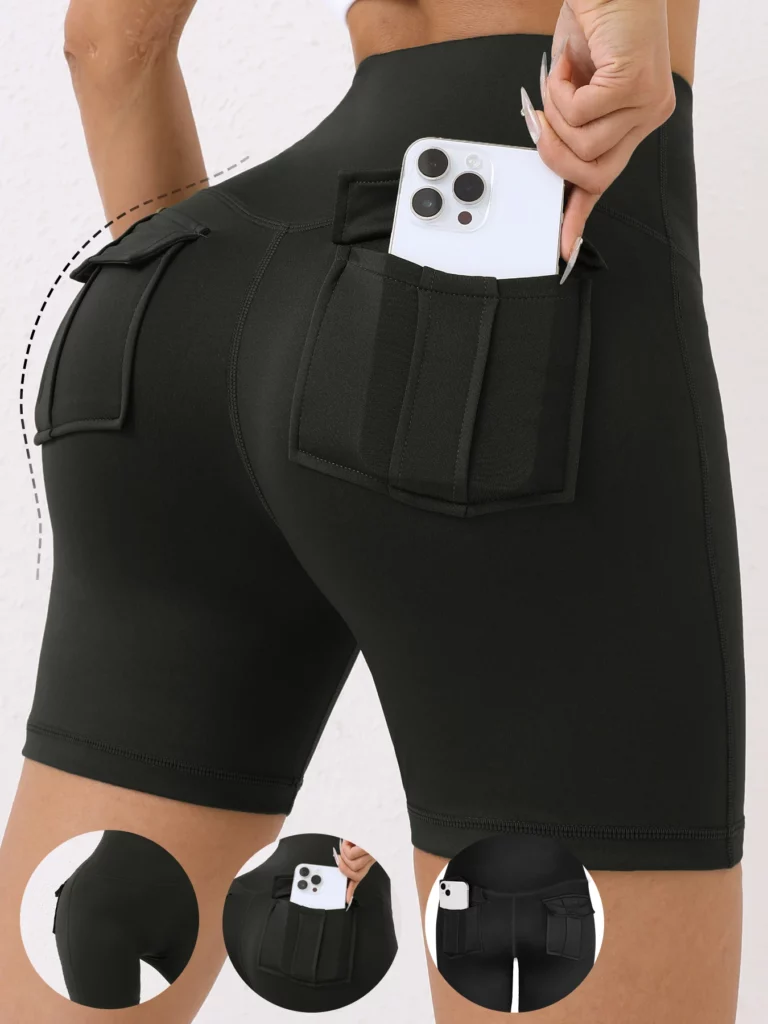 Women Pocket Shorts High Waist Butt Lifting Cycling Tight Elastic Breathable Fitness Leggings Outdoors Casual Slim Shorts