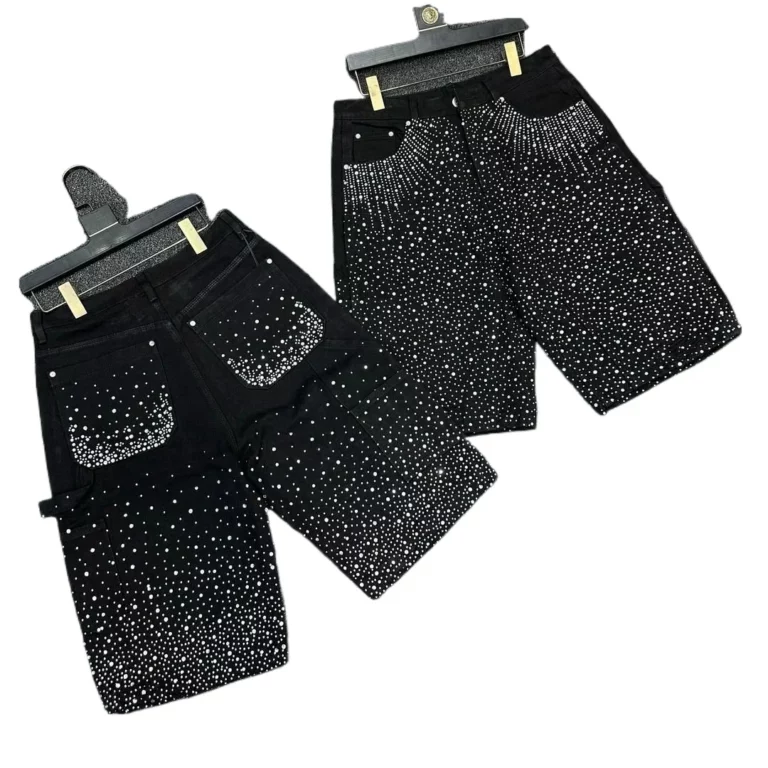 Gothic Retro Hip-Hop Flash Diamond Black Denim Shorts Men's Y2K New Trend Harajuku Hip-Hop Casual Joker Sweatpants Street Wear