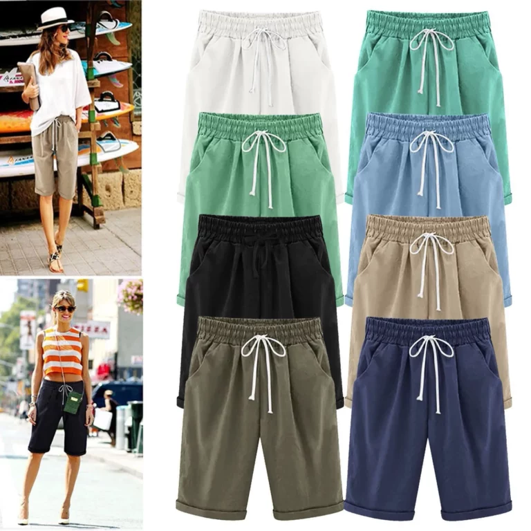 Five Point Pants For Women Summer Cotton Pants Plus Size High Waisted Shorts Lacing Beach Trousers Knee Length Workout Pocket