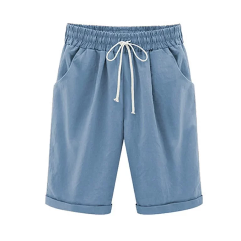 Five Point Pants For Women Summer Cotton Pants Plus Size High Waisted Shorts Lacing Beach Trousers Knee Length Workout Pocket - Image 5