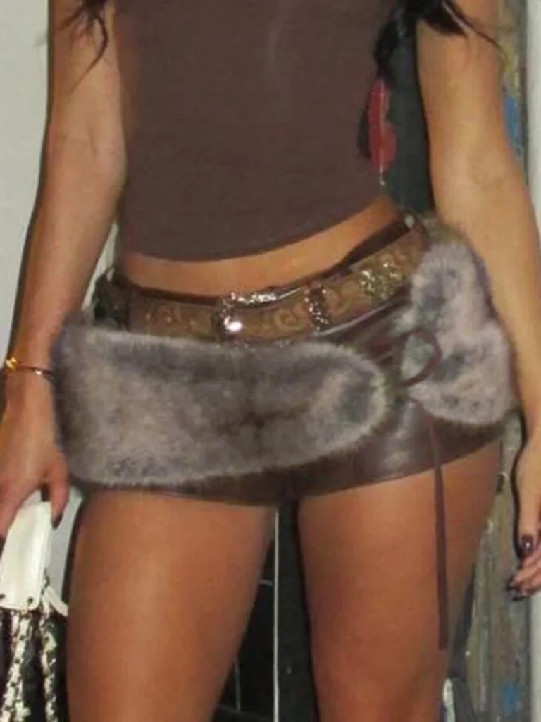 Cuteandpsycho Low Waisted Mini Leather Shorts Vintage Chic Furry Belts Casual Y2K Aesthetic Fashion Elastic Waist Bottoms