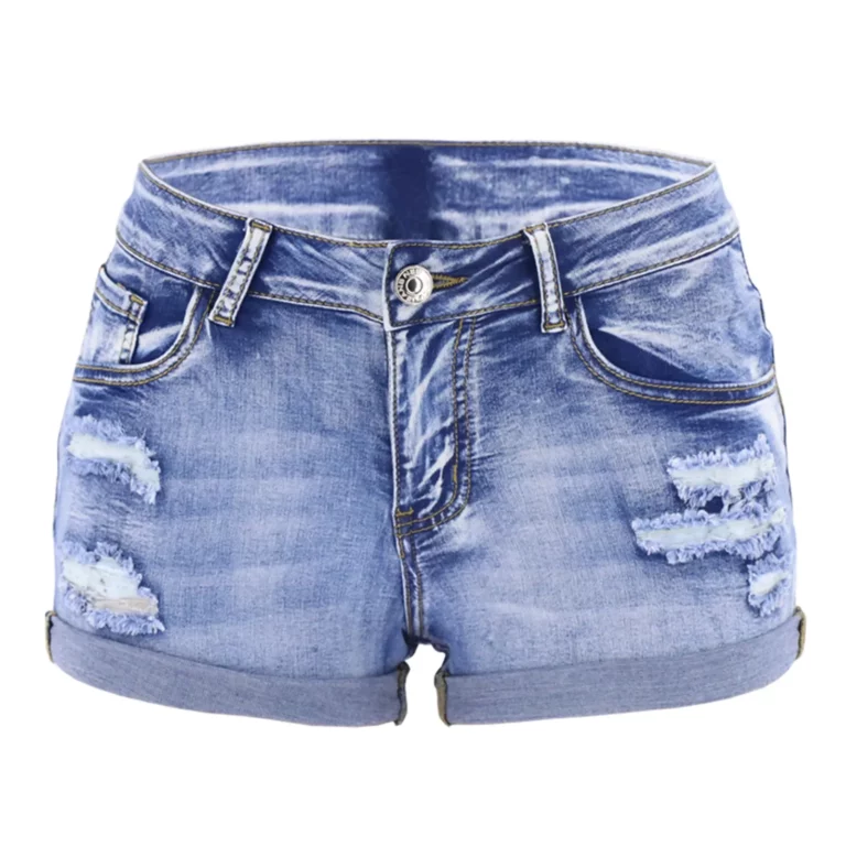Women's Split Denim Shorts Summer Beach Wild Fashion Sexy Mid Waist Curled Cuff Perforated Elastic Slim Fit Casual Shorts - Image 6