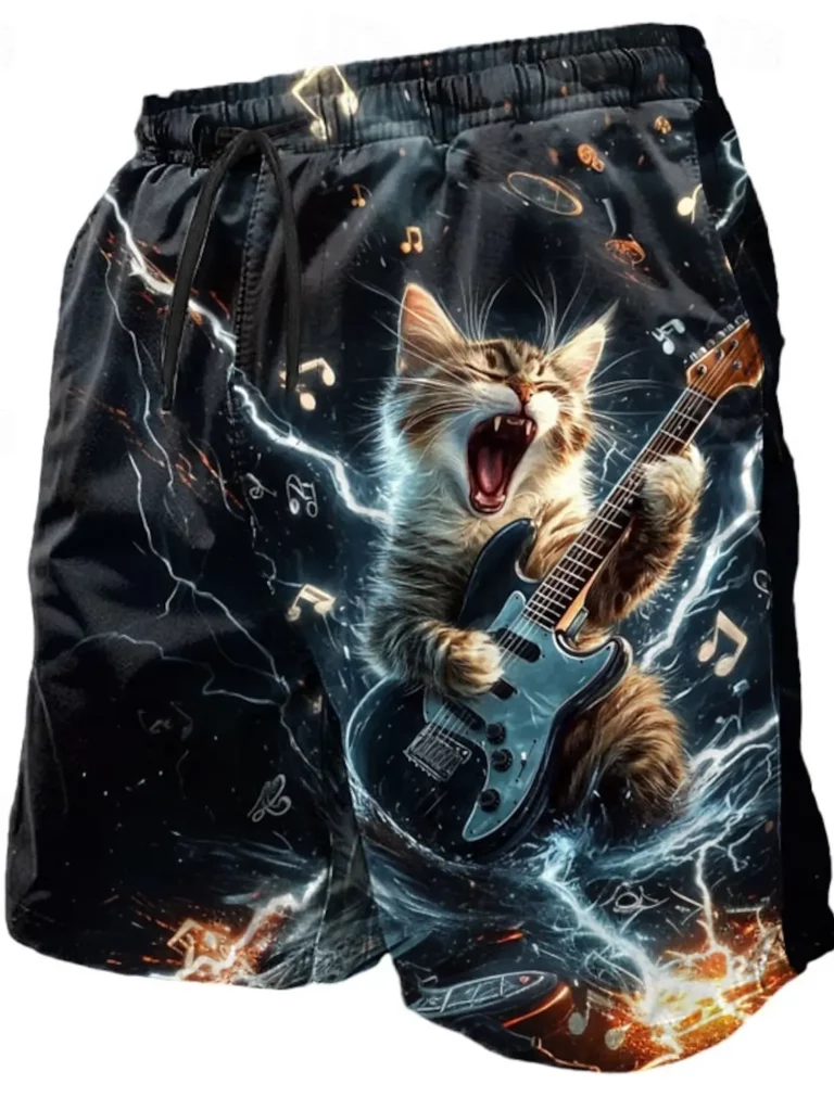 Men's Hawaiian Swim Trunks 3D Electric Guitar Kitten Print Shorts Quick Dry Outdoor Leisure Sports Shorts Fashion Men's Shorts