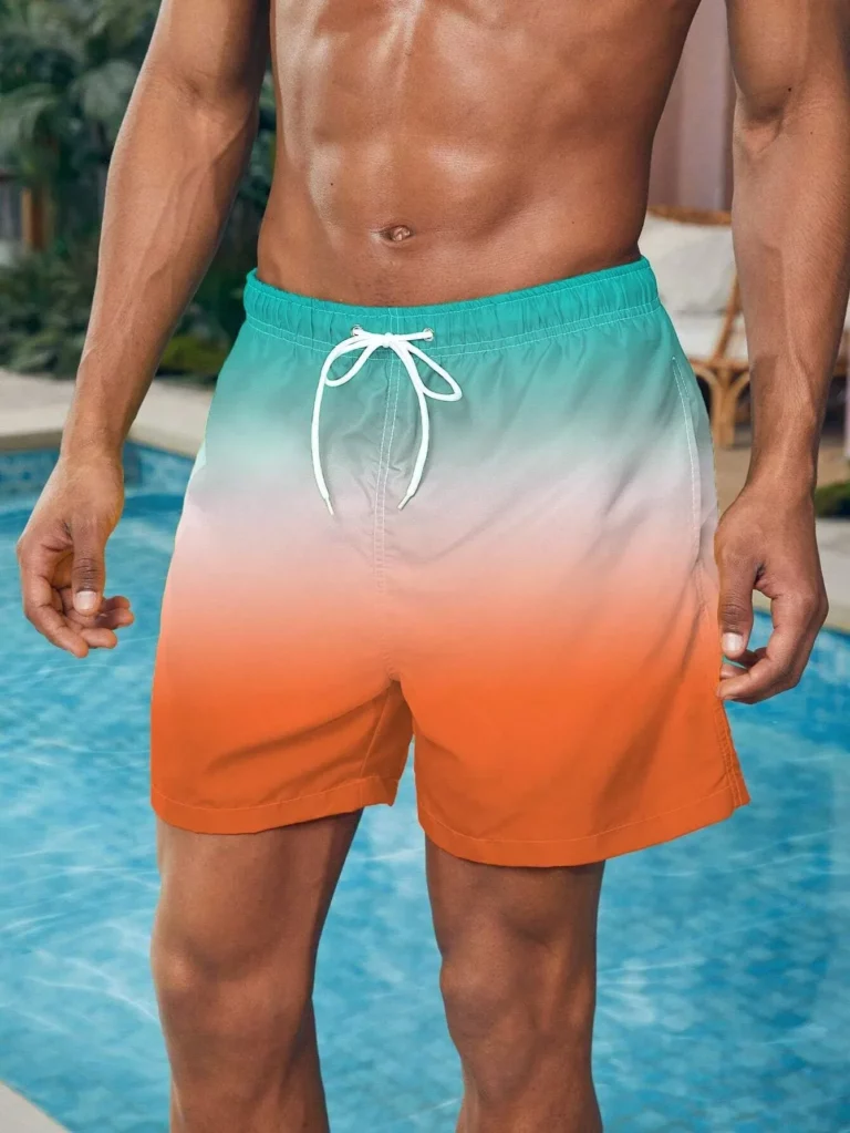 3D Gradient Print Men's Beach Shorts Fashion Pockets Drawstring Gym Shorts Summer Swim Trunks Casual Breathable Man Board Shorts