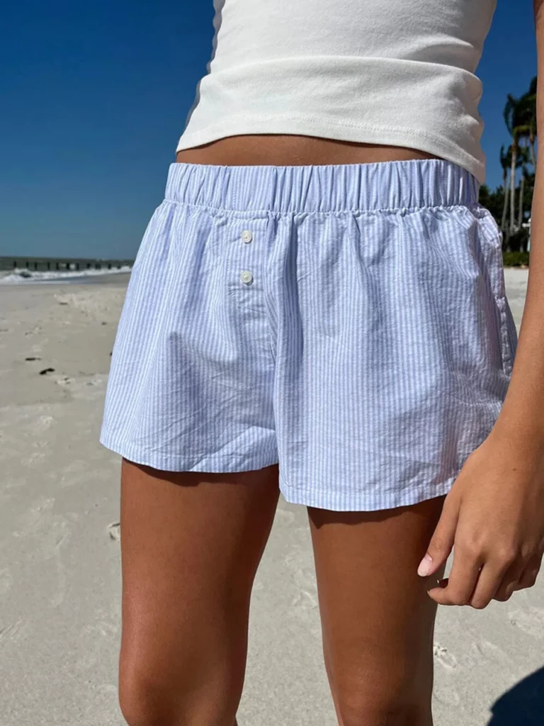 Casual Loose Stripe Button Details Summer Shorts Women Vacation Beach Outfits - Image 3