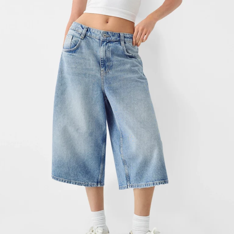 Women's Trendy Knee Length Denim Shorts Low Waisted Stretchy Bermuda Jean Shorts Baggy Cargo Jorts Y2K Vintage Streetwear