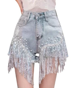Shorts For Under Dresses Women Women'S Fashion Casual Solid Color High Waisted Diamond Studded Heavy Tassel A Pantalones Cortos