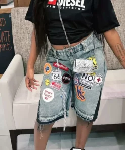 Streetwear Retro Patchwork Denim Shorts Y2K Jeans Cartoon Embroidery Baggy Shorts Low Waist Over The Knee Pants Casual Shorts