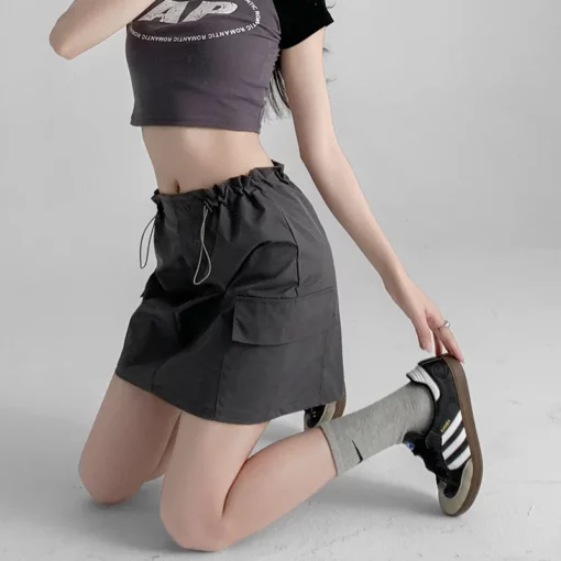 Designer drawstring cargo skirt woman A-line dress with pocket zipper fly korean reviews many girls clothes skirt shorts - Image 3