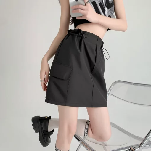 Designer drawstring cargo skirt woman A-line dress with pocket zipper fly korean reviews many girls clothes skirt shorts - Image 4