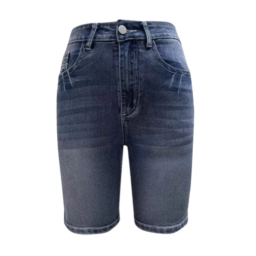 Blue Slim Fit Bermuda Denim Shorts, Single-Breasted Button Whiskered Denim Shorts, Women'S Denim Jeans & Clothing - Image 2