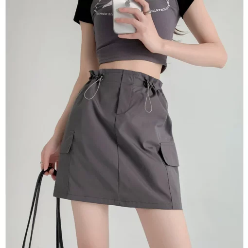 Designer drawstring cargo skirt woman A-line dress with pocket zipper fly korean reviews many girls clothes skirt shorts - Image 2