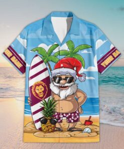 Custom Name Brisbane Lions AFL Santa Claus On Beach Hawaiian Shirts