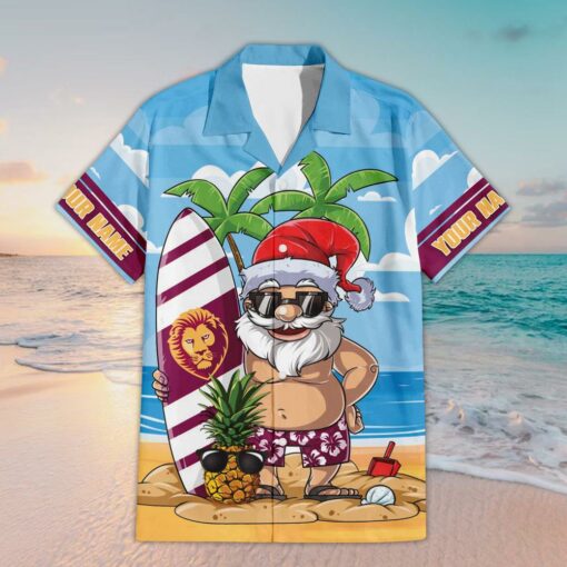 Custom Name Brisbane Lions AFL Santa Claus On Beach Hawaiian Shirts