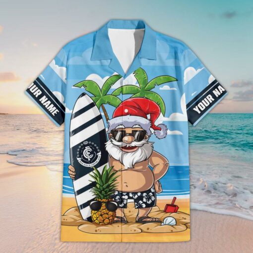 Custom Name Carlton AFL Santa Claus On Beach Hawaiian Shirts