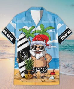 Custom Name Collingwood AFL Santa Claus On Beach Hawaiian Shirts