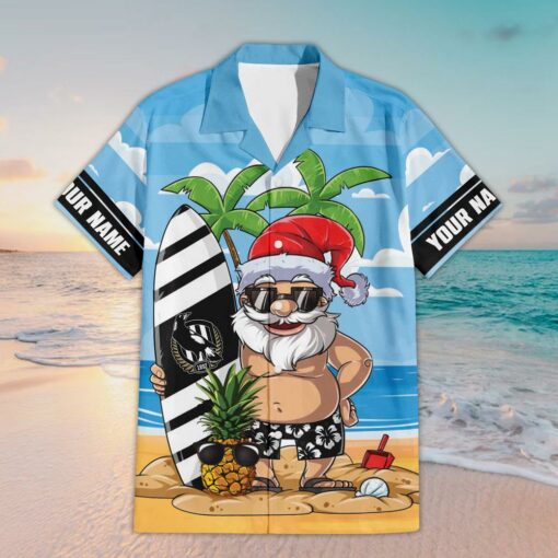 Custom Name Collingwood AFL Santa Claus On Beach Hawaiian Shirts