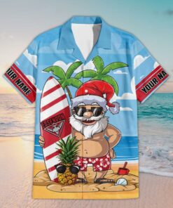 Custom Name Essendon AFL Santa Claus On Beach Hawaiian Shirts