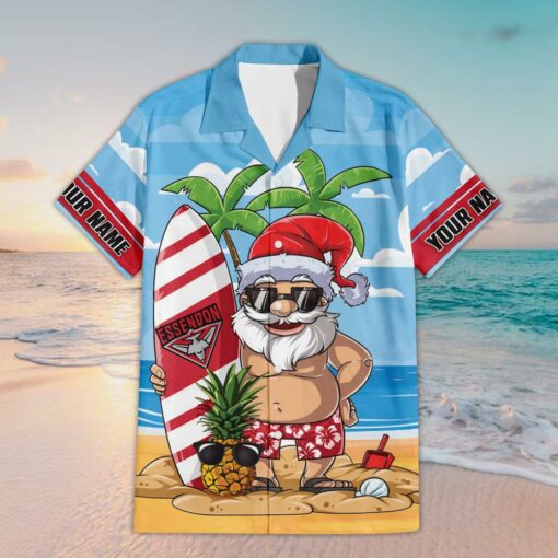 Custom Name Essendon AFL Santa Claus On Beach Hawaiian Shirts