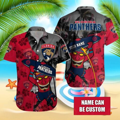 Custom Name Florida Panthers Surfing Tiki Summer Hawaiian Shirt