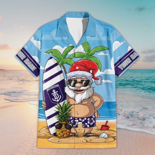 Custom Name Fremantle AFL Santa Claus On Beach Hawaiian Shirts