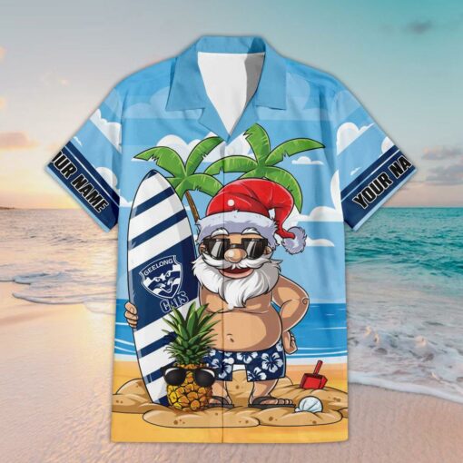 Custom Name Geelong AFL Santa Claus On Beach Hawaiian Shirts