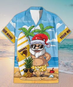 Custom Name Hawthorn Football AFL Santa Claus On Beach Hawaiian Shirts