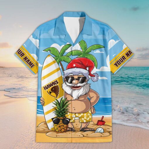 Custom Name Hawthorn Football AFL Santa Claus On Beach Hawaiian Shirts