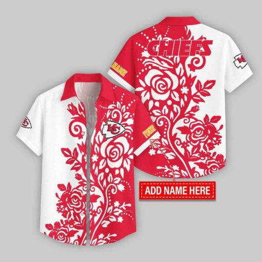 Custom Name Kansas City Chiefs Rose Branch Pattern Hawaiian Shirt For Fans