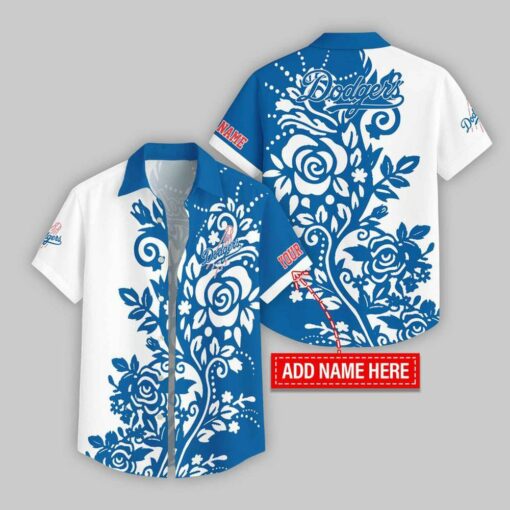Custom Name Los Angeles Dodgers Rose Branch Pattern Hawaiian Shirt For Fans