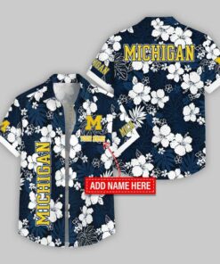 Custom Name Michigan Wolverines Hibicus Pattern Hawaiian Shirt For Fans