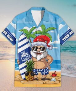 Custom Name North Melbourne AFL Santa Claus On Beach Hawaiian Shirts