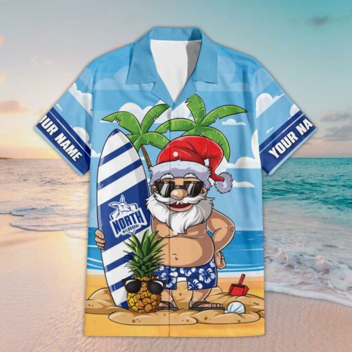 Custom Name North Melbourne AFL Santa Claus On Beach Hawaiian Shirts