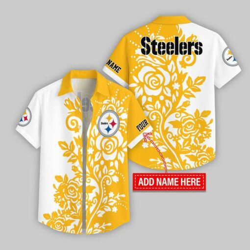 Custom Name Pittsburgh Steelers Rose Branch Pattern Hawaiian Shirt For Fans