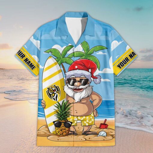 Custom Name Richmond AFL Santa Claus On Beach Hawaiian Shirts