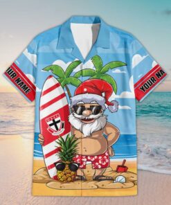 Custom Name St Kilda AFL Santa Claus On Beach Hawaiian Shirts