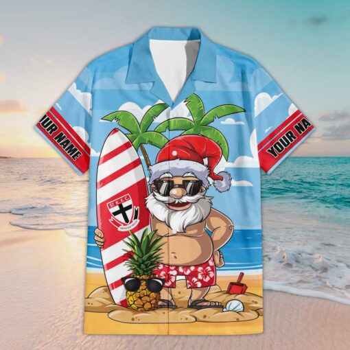 Custom Name St Kilda AFL Santa Claus On Beach Hawaiian Shirts