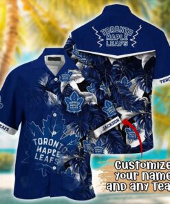 Custom Name Toronto Maple Leafs Blue Palm Leaves Summer Hawaiian Shirt