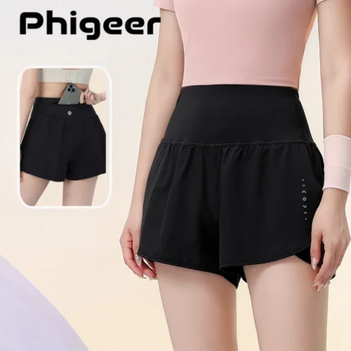 PHIGEER Women's Summer Lightweight Running Shorts 2 in 1 Yoga Shorts with Liner and Pocket Breathable Athletic Short Gym Clothes
