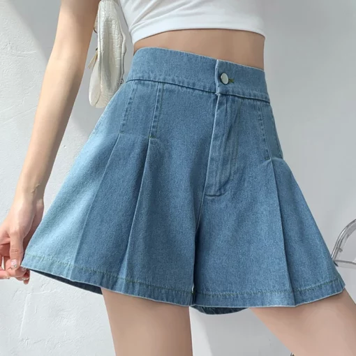 2025 Summer Loose Denim Shorts For Women High Waist Pleated Mini Short Female A Line Wide Leg Casual Shorts Y2k