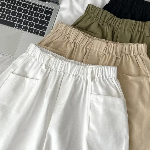 Women's Summer Loose Fit Elastic Waist Casual Sports Shorts High Waist Wide Leg Short Pants Korean Style Solid Color Half Pants - Image 3