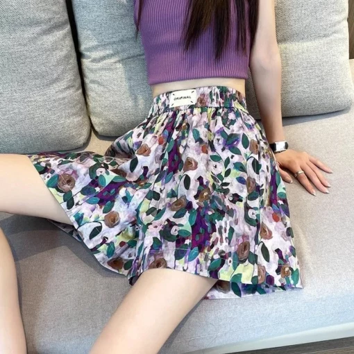 Summer Oil Painting Floral Shorts for Women Casual Wide Leg Shorts Large Siz Loose Floral Print Shorts Elastic Band Casual Pants - Image 3