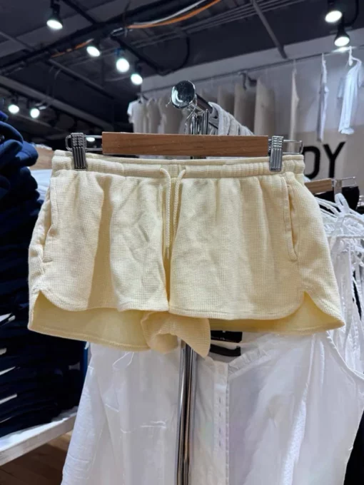 New Yellow Waffle Casual Sweatshorts Women Summer Cotton High Waist Summer Shorts Casual Solid Sweet Drawstring Sports Shorts - Image 2