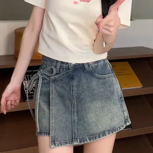 Women High Waist A-line Denim Shorts Korean Style Female Irregular Fake Two Pieces Short Pants Solid Color Summer Retro Clothing - Image 3