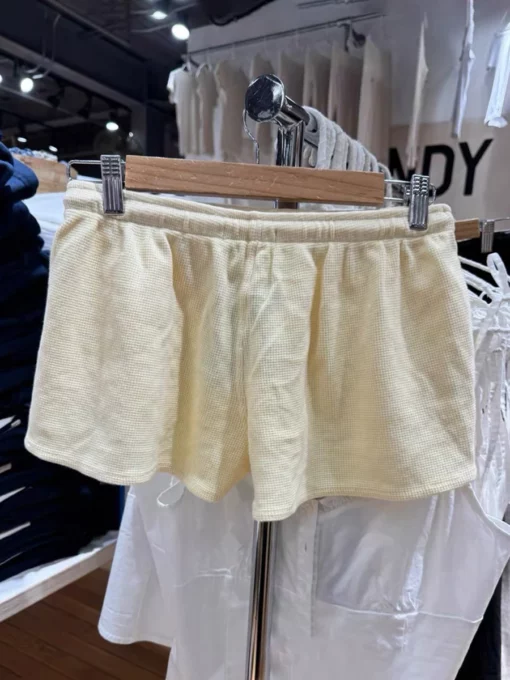 New Yellow Waffle Casual Sweatshorts Women Summer Cotton High Waist Summer Shorts Casual Solid Sweet Drawstring Sports Shorts - Image 3