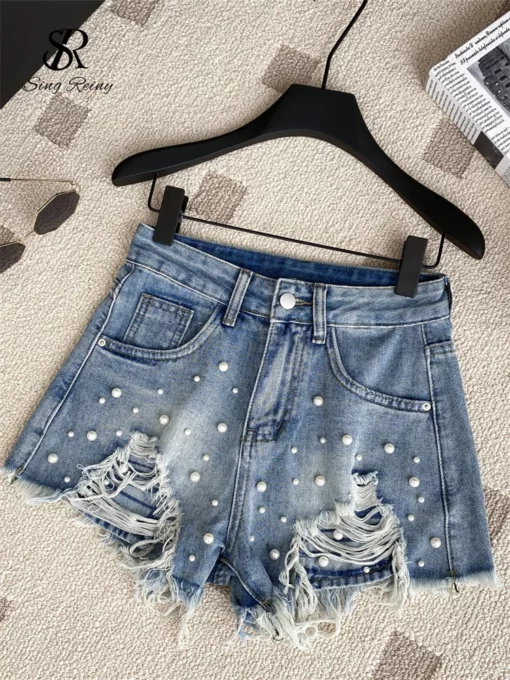 SINGREINY Summer Hot Girl Denim Shorts Beadings Hole Tassels Design Women Fashion Versatile Streetwear High Waist A Line Shorts