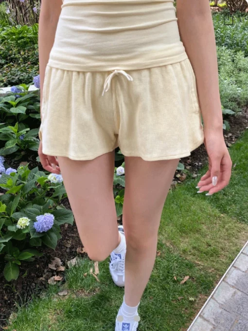New Yellow Waffle Casual Sweatshorts Women Summer Cotton High Waist Summer Shorts Casual Solid Sweet Drawstring Sports Shorts - Image 6